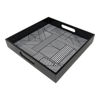 Regency Black and White 12" Square Lacquered Decorative Tray For Sale