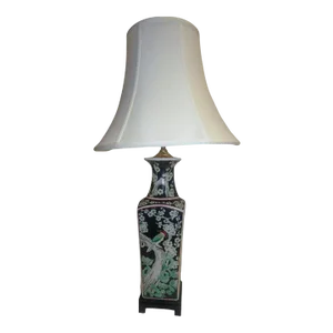 Chinese Export Black Ceramic Table Lamp With Floral and Bird Design