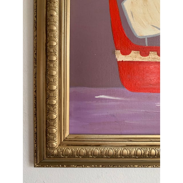 A refined maritime seascape in a distinctive palette of deep aubergine and soft lavender, grounded by a vermilion vessel...