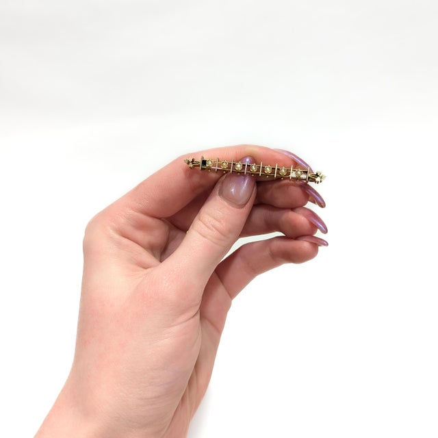 Victorian Antique Victorian 14k Yellow Gold & Seed Pearl Aesthetic Movement Bar Pin/Brooch For Sale - Image 3 of 12
