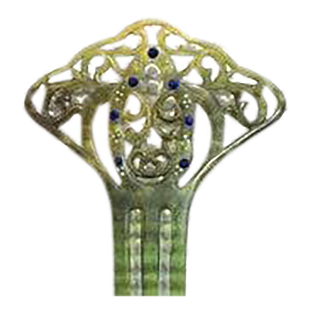 Rhinestone and Celluloid Art Deco Comb - Hair comb - green comb - scroll comb - hairstyle - blue rhinestone comb - celluloid comb - wedding For Sale