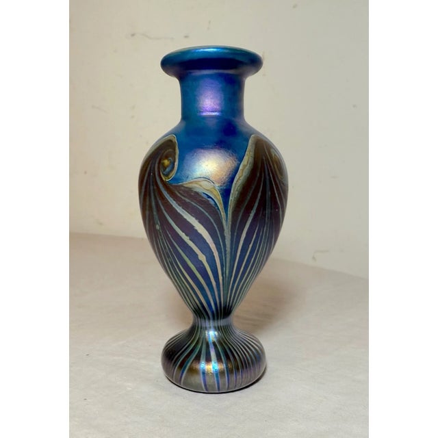 Vintage Miniature Hand Blown Pulled Feather Blue Iridescent Studio Glass Vase For Sale - Image 4 of 10
