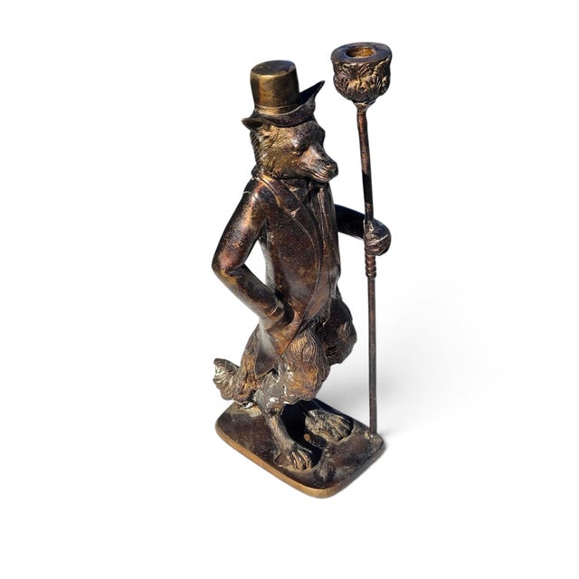 Victorian 19th Century Bronze-Finish Anthropomorphic Fox or Dog Gentleman Candlestick Holder For Sale - Image 3 of 8