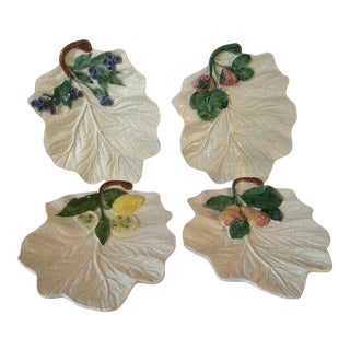 1970s Italian Majolica Glazed Ceramic Leaf Dishes With 3D Fruit Embellishments- Set of 4 For Sale