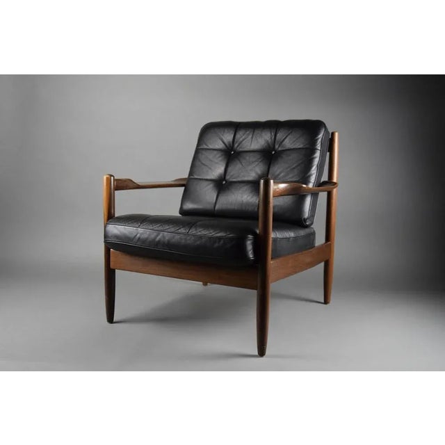 1950s Mid-Century Danish Black Leather and Wood Lounge Chair by Grete Jalk, 1955 For Sale - Image 5 of 13