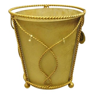 Vintage Italian Hollywood Regency Gold Gilt Iron Tole Wastebasket Trashcan For Sale