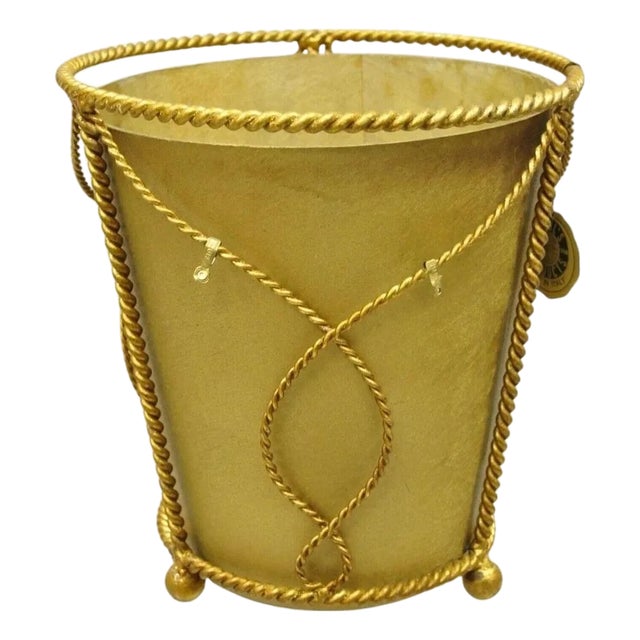 Vintage Italian Hollywood Regency Gold Gilt Iron Tole Wastebasket Trashcan For Sale