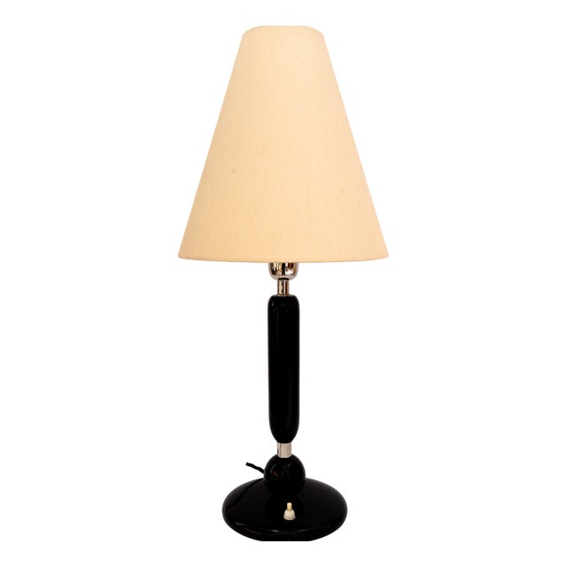 Large Wood and Nickel Table Lamp with Fabric Shade, 1920s For Sale