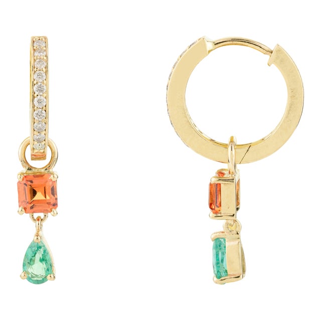 Multi Colored Gemstone Charm Hoop Earrings - a Pair For Sale