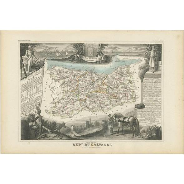 Antique Map of Calvados by V. Levasseur, 1854 For Sale