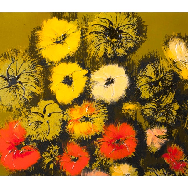 Paint Midcentury Floral Still Life Mixed Media on Board Vase of Zinnias Framed Signed Janss For Sale - Image 7 of 11