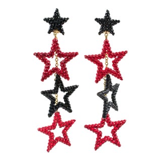 Richard Kerr Red and Black Jeweled Dangling Star Pair of Clip Earrings For Sale