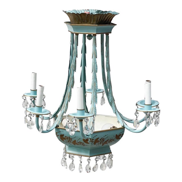 Vintage French Tiffany Blue and Gold Gilt Tole Metal Chandelier With Clear Crystals For Sale