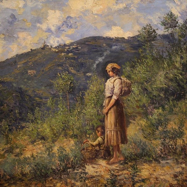 1910s Italian School, Landscape with Figure Painting, 1914, Oil on Canvas For Sale - Image 5 of 16