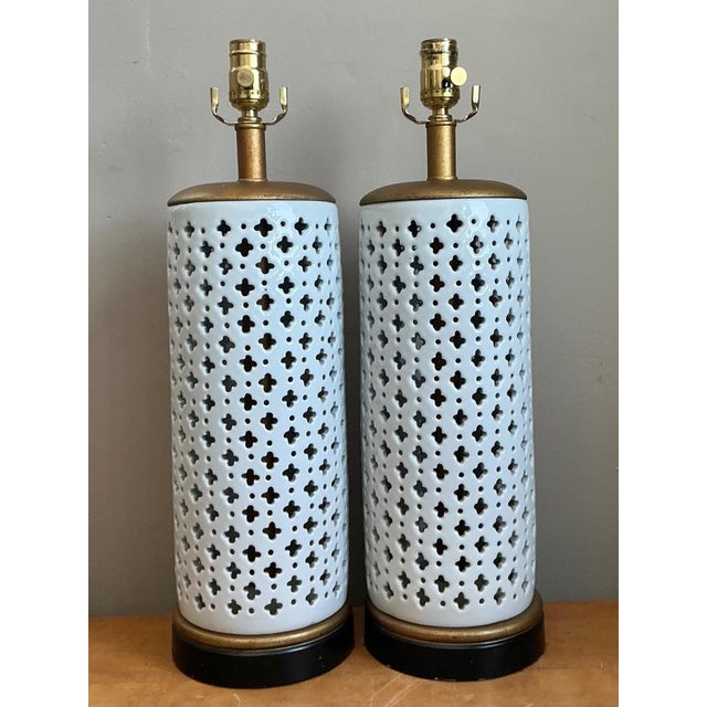 Vintage Perforated Ceramic Table Lamps - Pair For Sale - Image 13 of 13