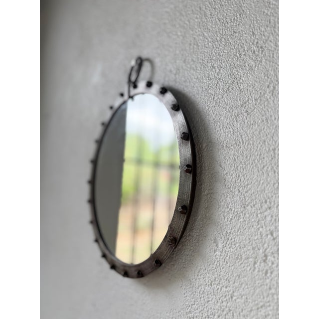 Round Brutalist Wrought Iron Mirror with Nails, 1960s For Sale - Image 15 of 18