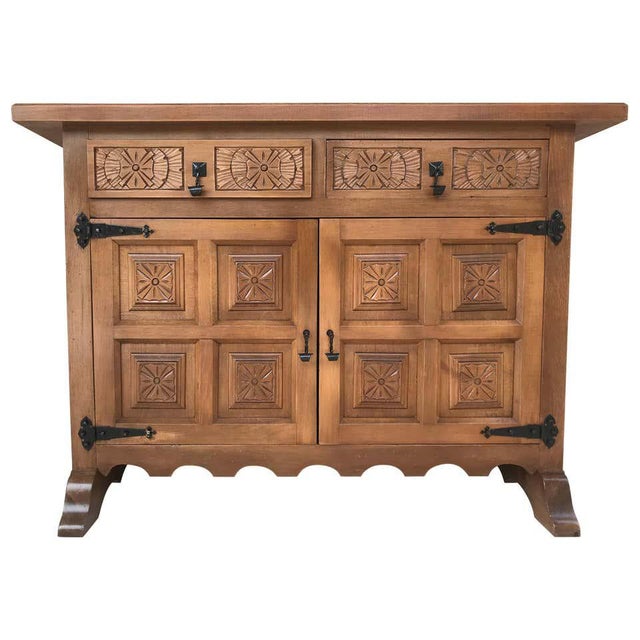 20th Century Catalan Baroque Carved Walnut Tuscan Two Drawers Credenza or Buffet For Sale - Image 9 of 9