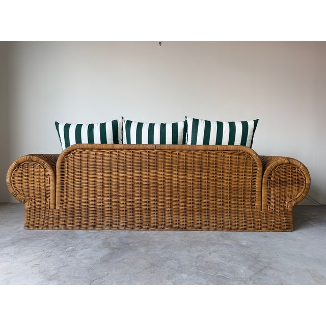 1970s Vintage Coastal Organic - Rattan Sofa With Rolled Arms & Striped Cushions For Sale - Image 12 of 18