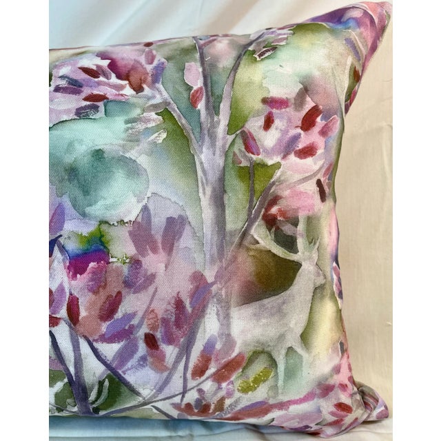2020s Large Bolster Pillow Adorned With a Muted Water Color Like Forest Scene With Flowering Trees and Deer - Made in the U K For Sale - Image 5 of 12