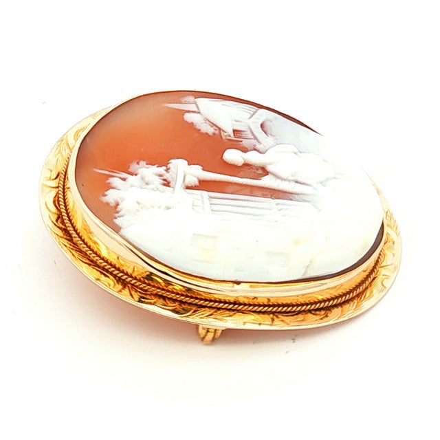 Early 20th Century Vintage 10k Yellow Gold Village Scene Shell Cameo Brooch For Sale - Image 5 of 5