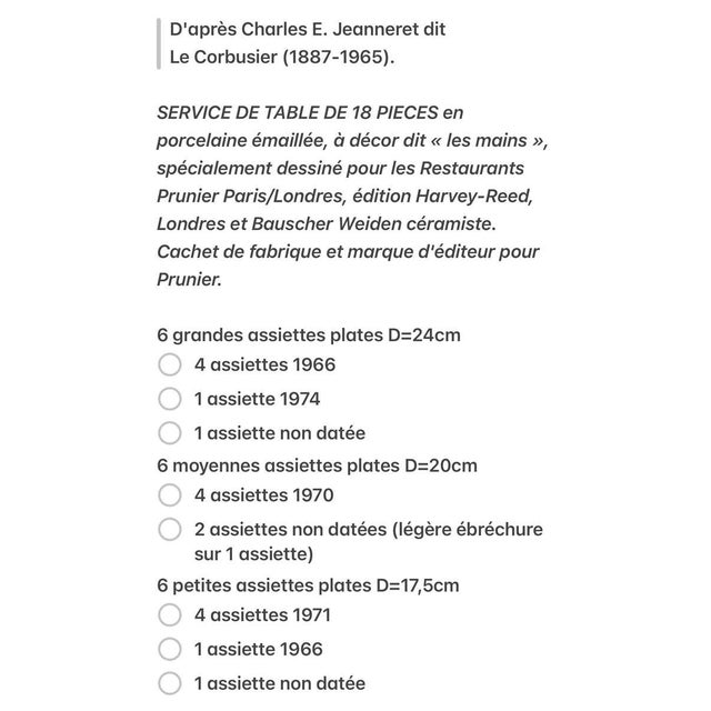 18-piece dinner service by Le Corbusier, designed for the Prunier restaurants in Paris and London - work from the 1970s....