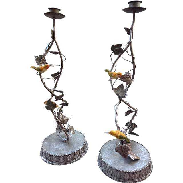 French Country Vintage Spi San Pacific International Hummingbird Candle Holders, Pair | Sculptural Vine & Leaf Design, 16.5" For Sale - Image 3 of 6