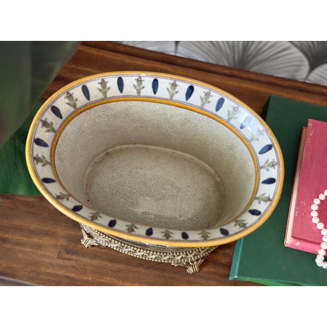Vintage Porcelain Crackle Glaze Floral Jardinière Brass Ormolu-Style Footed Cachepot Planter Vase For Sale - Image 13 of 17