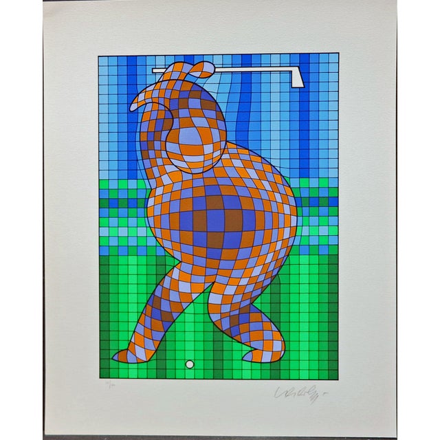 Op Art Op-Art Victor Vasarely the Golfer LTD Serigraph, Hand Signed Art LTD Green Blue For Sale - Image 3 of 8