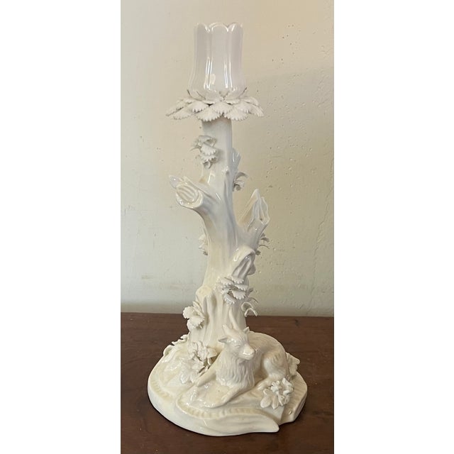 Antique 18th Century Derby Porcelain Blanc De Chine Candlestick Holder Faux Bois Tree Form Stem With a Goat For Sale - Image 13 of 17