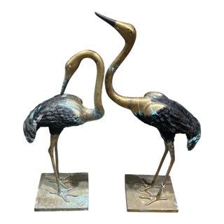 Vintage Boho Brass and Pewter Sculptural Crane Birds- A Pair For Sale