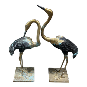 Vintage Boho Brass and Pewter Sculptural Crane Birds- A Pair