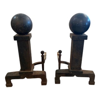 Huge Antique Iron Cannonball Andirons -a Pair For Sale
