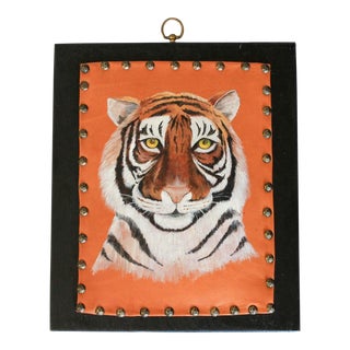 Vintage Hand Painted Tiger on Leather Wall Art For Sale