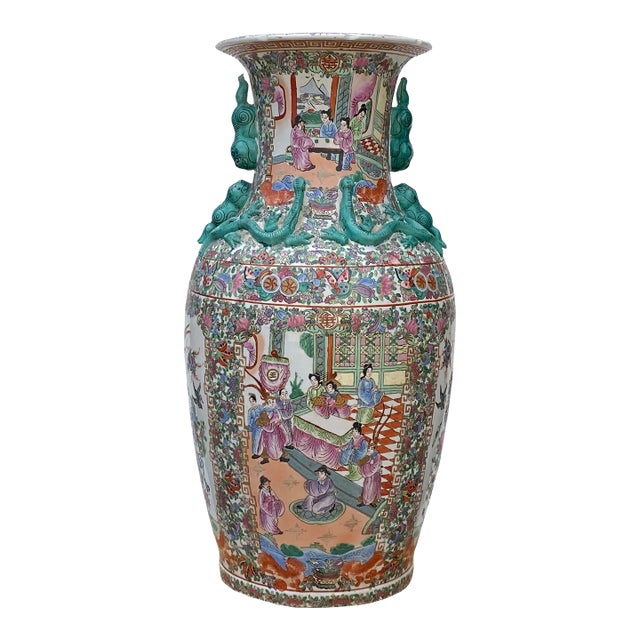 Chinese Hand Made Pink Turquoise House People Scenery Graphic Vase For Sale