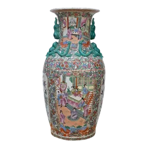 Chinese Hand Made Pink Turquoise House People Scenery Graphic Vase