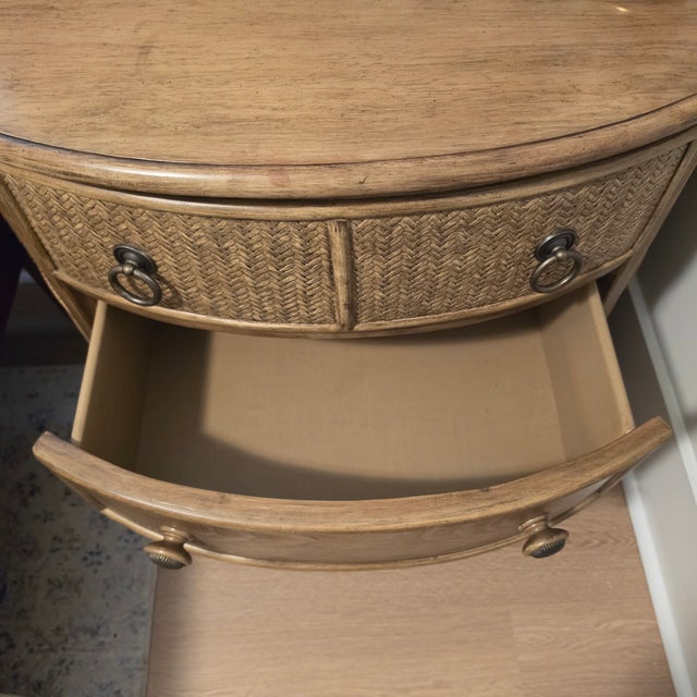 1990s Braxton Culler Coastal Demilune 3 Drawer Chest - Woven Rattan Reed & Oak - Carved Melon Feet - 36" W For Sale - Image 15 of 17