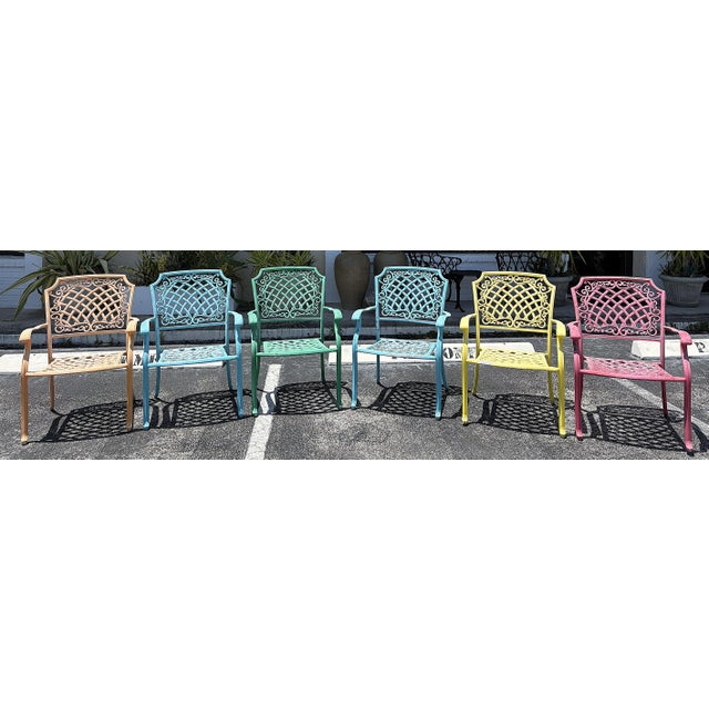 Colorful set of six vintage outdoor armchairs from the late 20th century. They are made of cast aluminum and painted in...