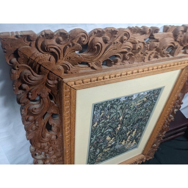 Brown Late 20th Century Pair of Balinese Batuan-Style Narrative Paintings in Hand-Carved Wood Frames For Sale - Image 8 of 16