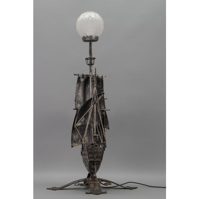 Spanish Wrought Iron and Glass Galleon Sailing Ship Shaped Floor Lamp, 1950s For Sale - Image 4 of 18