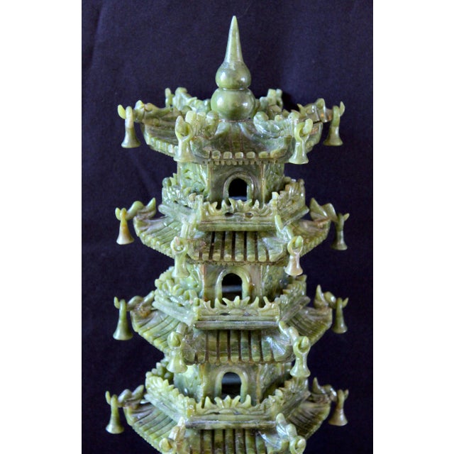 Vintage Chinese Jade Pagoda Sculpture – Hand-Carved Multi-Tier Celadon Green Temple Tower, Asian Feng Shui Decorative Stone Figurine on Red Wood Stand For Sale - Image 9 of 17