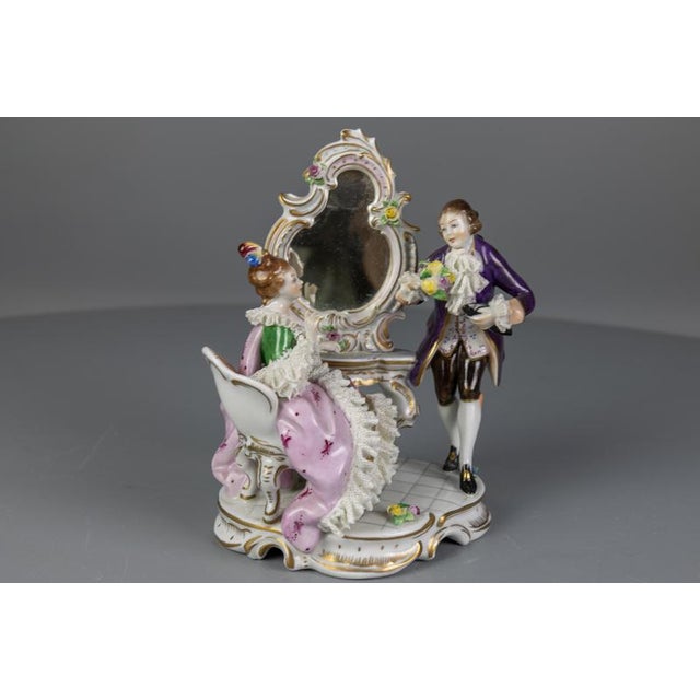 1950s German Rococo Porcelain Figurine Couple at a Dressing Table, 1950s For Sale - Image 5 of 18