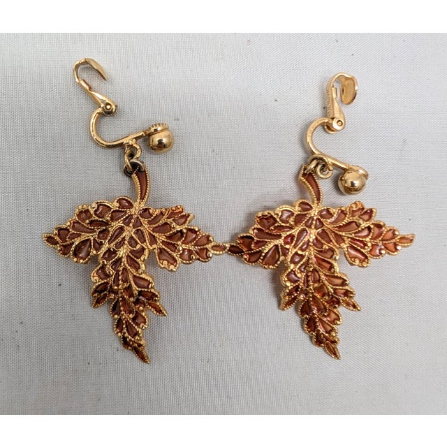 Vintage Signed Napier Goldtone Orange Plique-A-Jour Leaf Dangle Clip Earrings-2 Pieces For Sale - Image 9 of 9