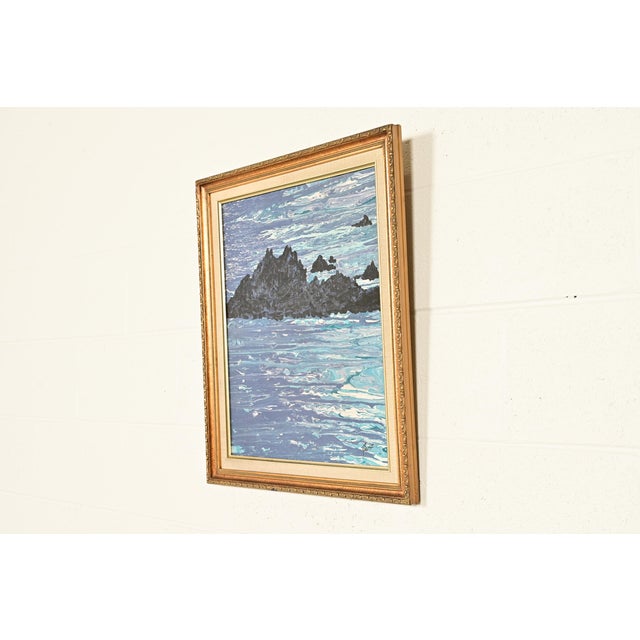 Abstract Original Artist Signed Abstract Rocky Seascape Oil Painting in Carved Giltwood Frame For Sale - Image 3 of 13