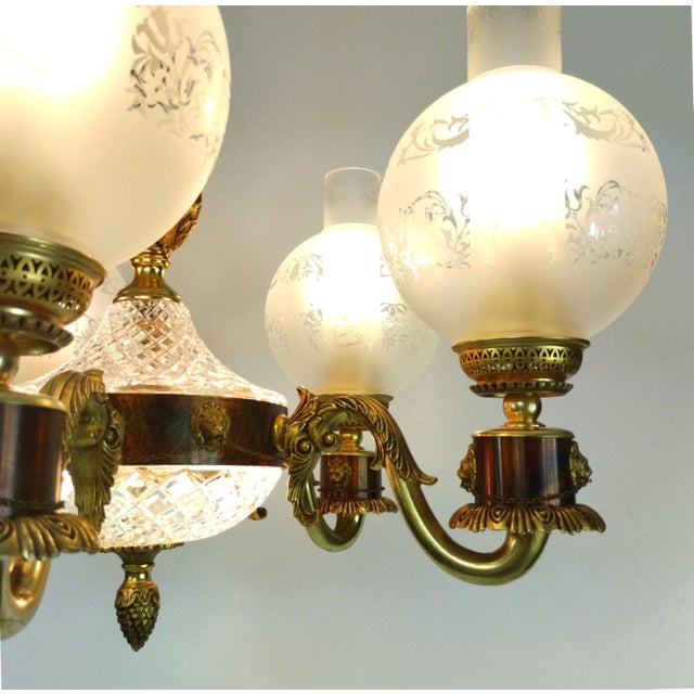 Vintage Empire Victorian French 5-Arm Brass Lion Head Chandelier with Etched Globes and Crystal Glass, 1950s For Sale - Image 10 of 17