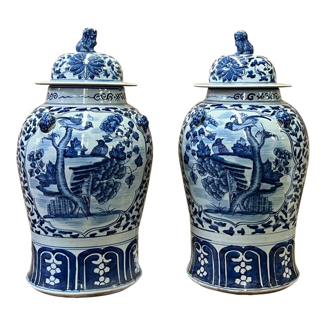 Pair of Chinese Blue White Porcelain Flower Bird Graphic Temple Jars For Sale