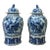 Pair of Chinese Blue White Porcelain Flower Bird Graphic Temple Jars For Sale