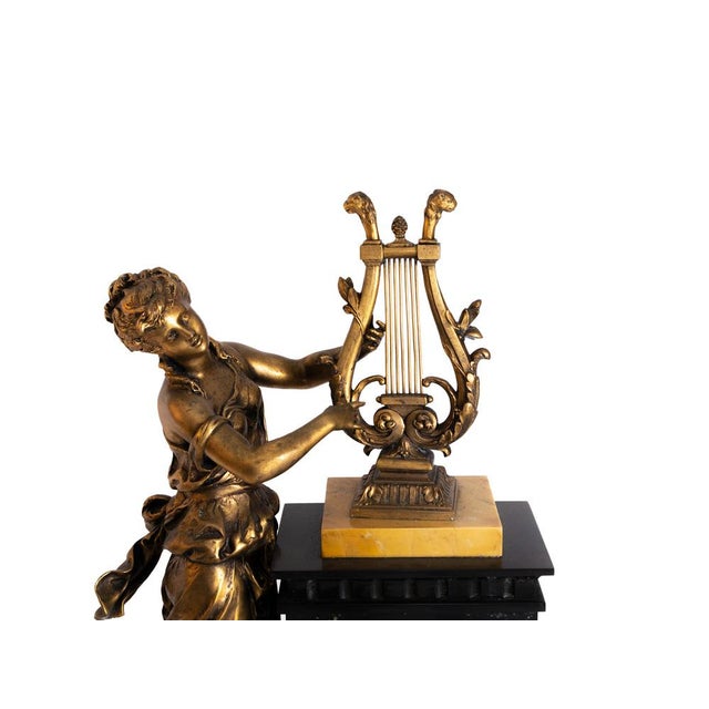 1920s Lady Playing Harp Pendulum Mantel Clock on Marble Base, 1900s For Sale - Image 5 of 10