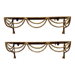 Pair of Italian Gilt Rope and Tassel Wall Shelves For Sale