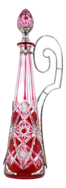 Bottle in Red Cut Glass with Silver Structure with Smooth Handle and Applications