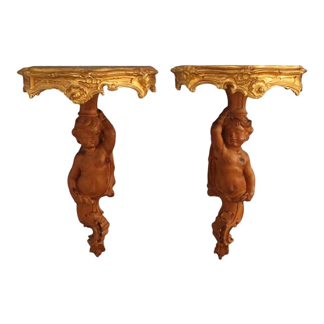 Pair of French Louis XIV Carved Figural Cherub Wood Sconces C1830 For Sale